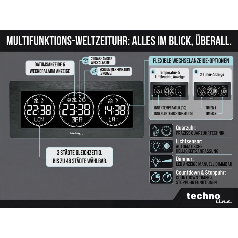 Technoline Digital World Time Clock, 3 Time Displays, Freely Programmable