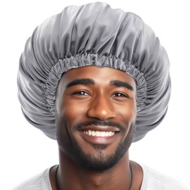 Lolalet 1 PCS Bonnet for Men, Hair Silk Bonnets for Sleeping Mens Adjustable Satin Night Cap for Dreadlocks Afro Braids Curly -Grey
