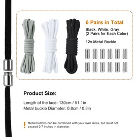 LUCKNIGHT Elastic Shoelaces, 6 Pairs No Tie Elastic Laces for Trainers, Flat Shoelaces with Metal Buckles, Universal Replacement Shoelaces for All Shoes Adults Kids (Black White Grey)