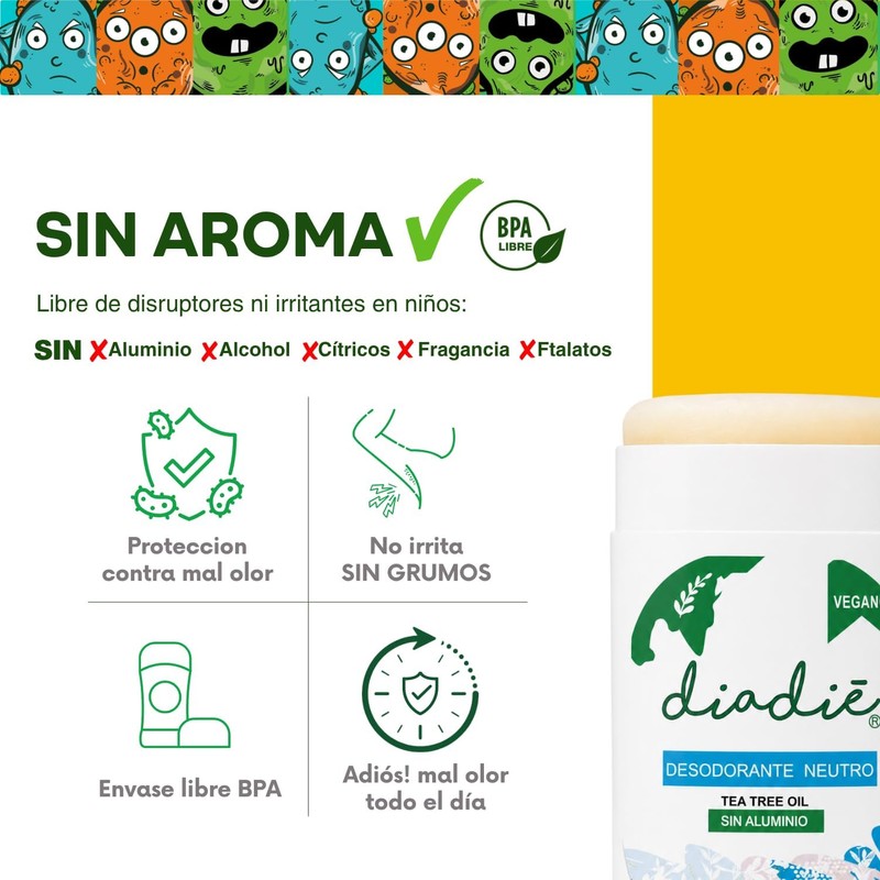 DIADIE KIDS Desodorante natural para Niños, Barra, Neutro 1 Pza