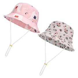 2 Pieces Toddler Sun Hat Kids Bucket Sun Hat Baby Cute Print Summer Sun Hat with Adjustable Head Drawstring and Chin Strap Outdoor Kids Summer Protection Bucket Hats,2-5 Years