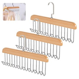 Pack of 3 Belt Holder Wardrobe, 28 cm Wooden Hanger, Tie Holder, Hanger with 8 Hooks, Rotating Tie Hanger, Space-saving, Belt Hanger for Scarves, Ties, Belts, Braces