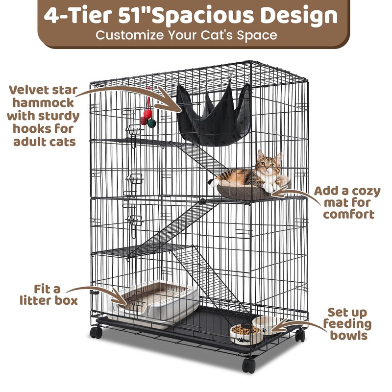Homey Pet 51 Inch Cat Cages Indoor, Large 4-Tier Cat