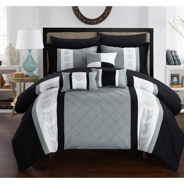 Chic Home 8 Clayton Pintuck Pieced Color Block Embroidery Twin Bed in a Bag Comforter Grey with Sheet Set