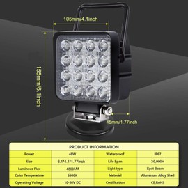 Willpower 1 x LED Work Light with Magnetic Base, 4 Inch 48 W Portable LED Headlight for Car, Excavator, Trailer, Tractor, Truck, SUV, Offroad