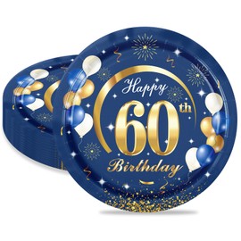 MORAINJAY 16Pcs Birthday Plates for 60,Navy Blue 9inch Paper Plates for 60th Birthday Party, Small Paper Plates for Men Women Her Him,Birthday Party Supplies Table Decor