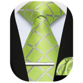 Enlision Men's Ties and Pocket Square Tie Clip Set Paisley Checked Tie Handkerchief Tie Pin for Men Business Wedding Tie Sets, C1 green, One size fits all