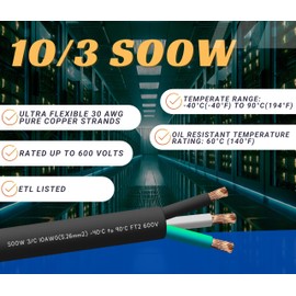 WindyNation 25 Feet 10/3 10 AWG SOOW SO Cable Cord Wire - 10 Gauge 3 Conductor 600V Portable Power Extension Cord Cable for EV Chargers, Motor Leads, Portable Lights, and Battery Chargers
