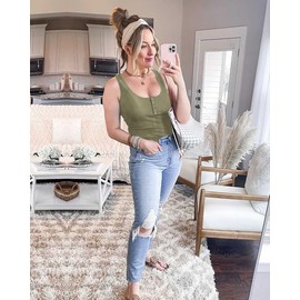 BTFBM 2025 Spring Tops for Women Tank Top Summer Ribbed Crew Neck Button Basic Sleeveless Tunic Casual Henley Shirts(Bean Green, Medium)