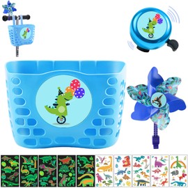 XIEXIESHER Children's Dinosaur Bicycle Basket, Braided Front Bicycle Basket, with Bicycle Bell, Windmill and 10 Dinosaur Stickers, Removable, Bicycle Accessories Children, Gifts for Boys