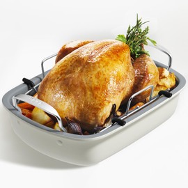 Slow Slog Roasting Pan, 17 Inch x 13 Inch Roaster with Removable Rack, Nonstick Roaster Pan for Roasting Turkey, Meat & Vegetables (Beige)