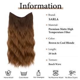 SARLA Ombre Invisible Wire Hair Extension with 3 Clips Synthetic Long Beach Wave Hairpiece Transparent Adjustable Headband for Women 20 Inch Brown to Golden