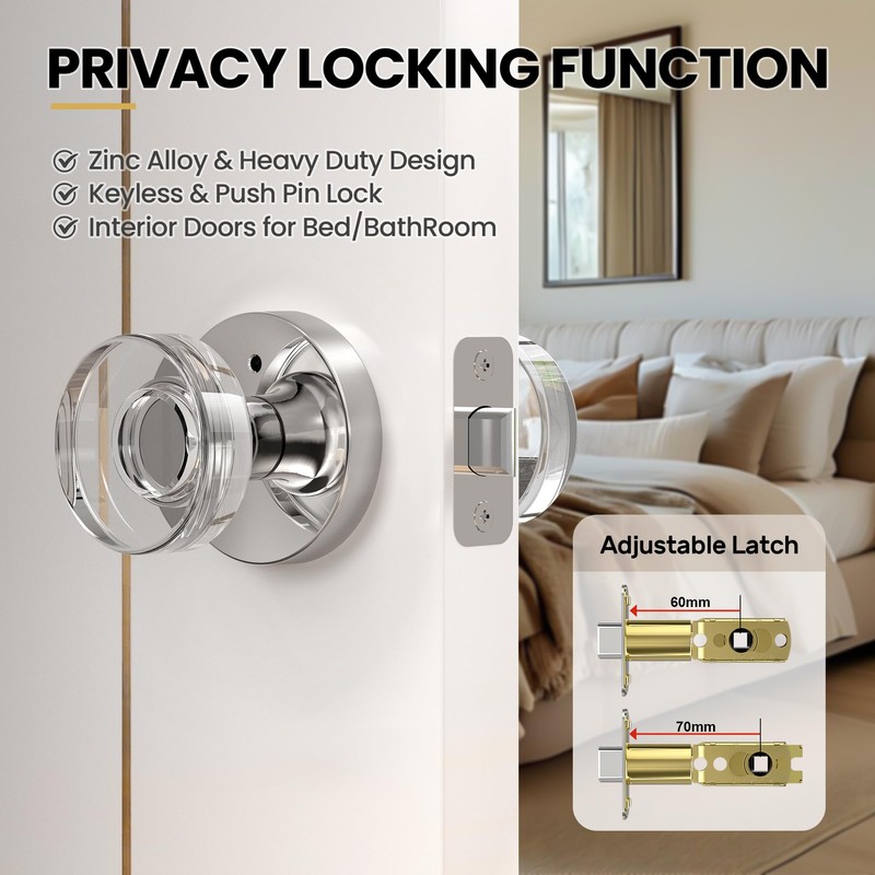 naubea Crystal Door Knob Polished Chrome Interior Privacy Door Knobs
