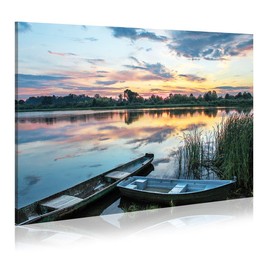 Lake Landscape Canvas Wall Art: Green Water Wilderness Painting Relaxing Dusk Scenery Picture for Living Room