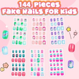 AGGKKY 144 Pieces 6 Pack Kids Press on Nails Artificial Fake Nails for Kids Girls Pre Glue Full Cover Short Acrylic False Nail Tips Art Kits Gifts for Kids Girls Nail Art Decoration