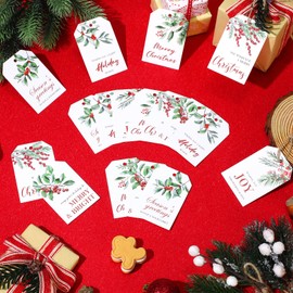 120Pcs Merry Christmas Gift Tags with String Attached, Watercolor Leaves Red Berries Christmas Gift Tags Christmas Tree Hanging Tags Xmas Gift Name Labels for Christmas DIY Present Gift Wrapping Tags