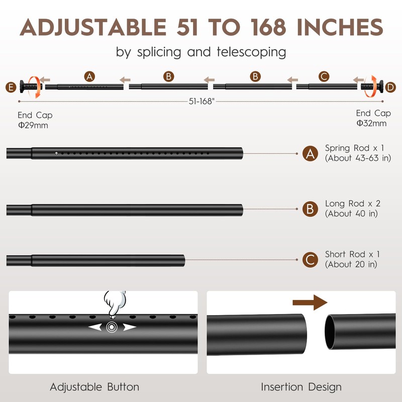 Tension Curtain Rod No Drilling for Window,Adjustable 51-168In,Black | Holds