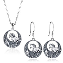 QLYOVWE Lucky Running Horse Necklace Earrings Set Vintage Silver Kentucky Derby Necklace Moon Forest Earrings Western Ethnic Animal Jewelry Set Gift (Silver)