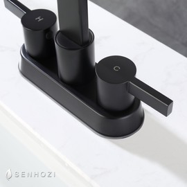 Senhozi Matte Black Bathroom Faucets for Sink 3 Hole, 4 Inch Centerset Waterfall Faucet Bathroom Sink Faucet with Pop-up Drain and 2 Supply Hose, SUS304 2 Handle Faucet for Bathroom Sink, SE-0048-BK