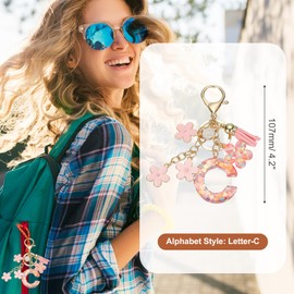 MECCANIXITY Initial Letter Keychain, Cute Tassel Cherry Blossom Keychain Alphabet C Letter Charm with Flower Pendant for Women Girls Key Purse Handbag Backpack (Pink, Pack of 1)