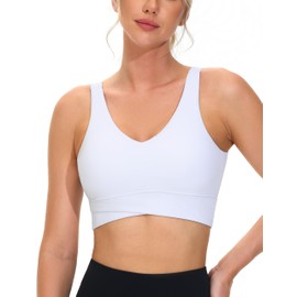 THE GYM PEOPLE Women's Padded Sports Bra V-Neck Wireless Stretchy Workout Crop Tops with Cross Hem Soft Yoga Bras White