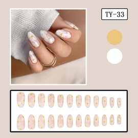 French Tip Press On Nails Fake Nails Medium Short Almond with Nude White Flower Designs Glossy Acrylic False Nails Glue on Nails Full Cover Thick Stick on Nails for Women Girls 24Pcs TY-33