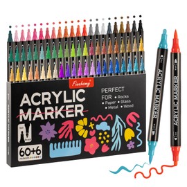 Finnhomy 60+6 Colors Acrylic Paint Markers, Dual Tip Acrylic Paint Pens with Dot Tip and Brush for DIY Crafts, Acrylic Markers with 6 Additional Colors