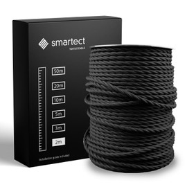 smartect Textile Cable Black, 2 Metres Vintage Lamp Cable Fabric Twisted, 3-Core (3 x 0.75 mm²) Power Cable Textile Coated for Own DIY Project