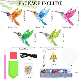 ADLABLD Hummingbird Solar Wind Chimes, Hummingbird Diamond Art Wind Chimes, Painting Kits for Garden Home Decoration Adults Christmas Ornament