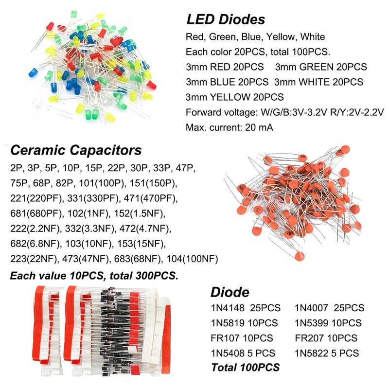 Cermant 1400Pcs 6 Values Electronics Component Assortment Kit，Electrolytic Capacitor, LED