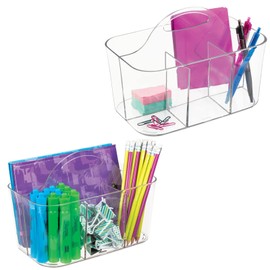 mDesign Plastic Small Office Storage Organizer Utility Tote Caddy with Handle for Cabinets, Desks, Workspaces - Holds Desktop Office Supplies, Pencils, Staplers Lumiere Collection, 2 Pack, Clear