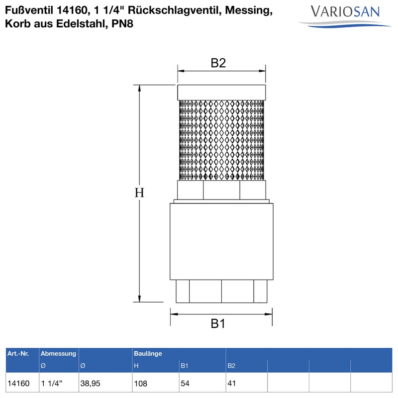 VARIOSAN Foot Valve 14160, 1 1/4 Inch Check Valve, Brass,