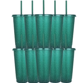 Yisituo 710ml Reusable Plastic Cups, 10 Pack Cold Cups with Lid and Straw, Tumblers Travel Mugs for Adults and Kids Party and Beach, Pool Gatherings (10, Glitter Dark Green)