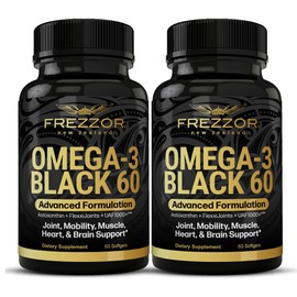 FREZZOR Omega 3 Black for Joint Care & Comfort - New Zealand Green Lipped Mussel Oil Capsules; 53x Higher Potency with UAF1000+ Super Antioxidant, No Fishy Aftertaste, 60 Count (Pack of 2)