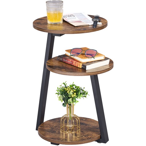 BEWISHOME Round End Table Side Table with Metal Frame, Accent Table Nightstand Bedside Table with 3-Tier Shelves for Living Room Bedroom Couch Small Coffee Table Rustic Brown KTZ41Z