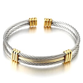 COOLSTEELANDBEYOND Men Women Stainless Steel Twisted Cable Adjustable Cuff Bangle Bracelet Gold Silver Two-tone(CA)