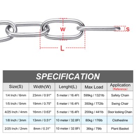 PATIKIL 304 Stainless Steel Coil Chain, 1/8 Inch x 32.8 Ft, Metal Plain Link Chain, Rustproof Hardware Cable for Hanging Plant Chandelier Fence Swing Clothes