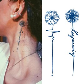 Oottati 2 Sheets Tiny Fake Semi Permanent Waterproof Temporary Tattoos Stickers 100% Plant-Based Ink Realistic Dandelion Heartbeat English Inspirational Quotes Words Keep Moving