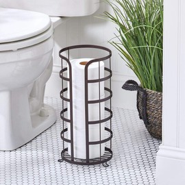 mDesign Decorative Metal Free Standing Toilet Paper Holder Stand with Storage for 3 Rolls of Toilet Tissue - for Bathroom/Powder Room - Holds Mega Rolls - Bronze
