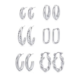Jumcew Chunky Silver Hoop Earrings Set for Women 14K Gold Plated earrings Twisted Huggie Hoops Earrings Lightweight hypoallergenic earrings for Women Silver