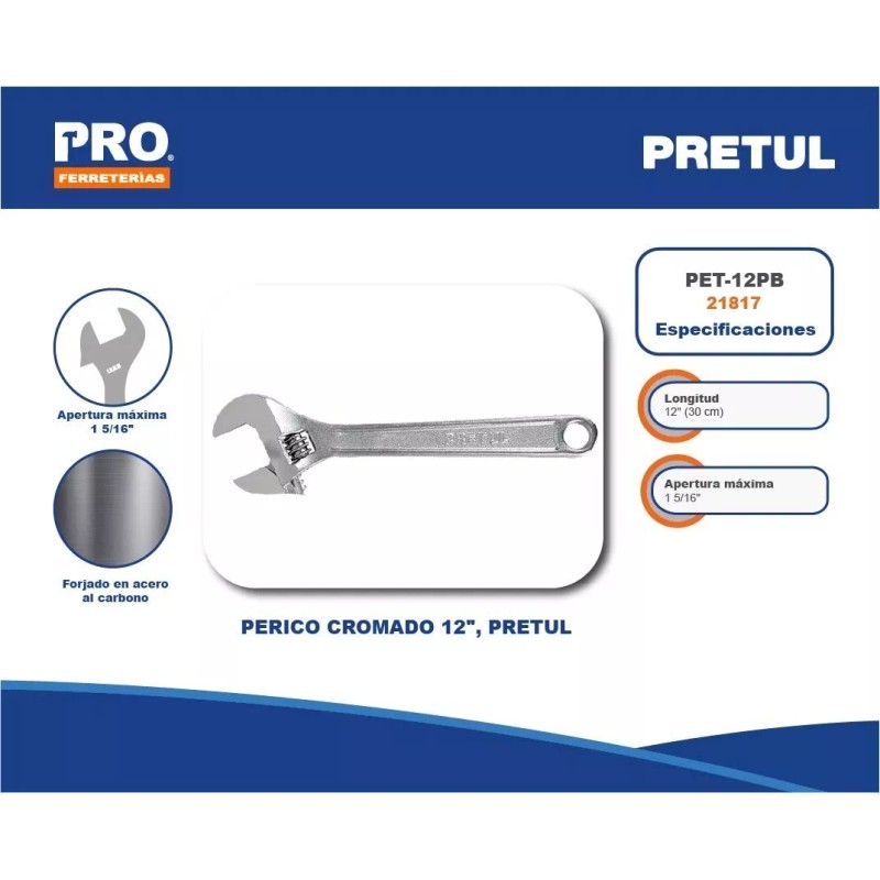 Pretul Llave Ajustable (perico) 12 Cromada, Pretul 21817 Color Plateado