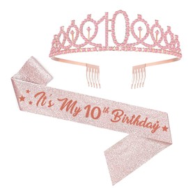 10th Birthday Sash and Tiara for Girls, 10 & Fabulous Glitter Sash and Pink Birthday Crown Set, Happy 10th Birthday Gifts for Girl Party Supplies and Decorations