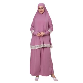 ihvan online Muslim Dresses for Women, Two-Piece Long Sleeve Islamic Prayer Dress, Hijab for Women, Pink Patterned, One size