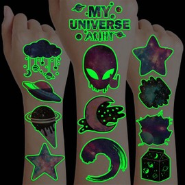 Neon Luminous Glow in the Dark Galaxy Temporary Tattoos Stickers for Kids Boys Girls – Glow Outer Space Birthday Party Decorations Supplies Party Favors Night Gifts Classroom Rewards Prizes (Galaxy)