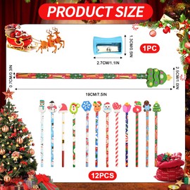 Pack of 12 Christmas Pencils with Erasers & Pencil Sharpener, Wooden Pencils with Christmas Erasers, Christmas Paper Gift Set, Christmas Novelty Rubbers Stocking Fillers for Children