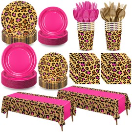 Uiifan 194 Pcs Pink Cheetah Print Party Supplies Leopard Safari Animal Disposable Tableware Set for 24 Guests with Plastic Plates Spoons Forks Knives Cups Tablecloth Napkins for Birthday Party