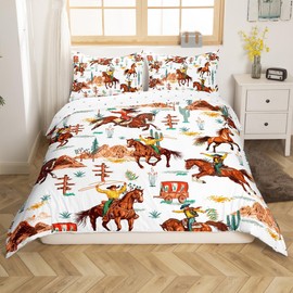 Loussiesd Western Decor Comforter Cover Set Single Size Wild West Cowboy Cowgirl Bedding Set Children Horse Desert Rodeo Cowboy Style Bedding Duvet Cover Set Brown Bedspread Cover 2Pcs(No Comforter)