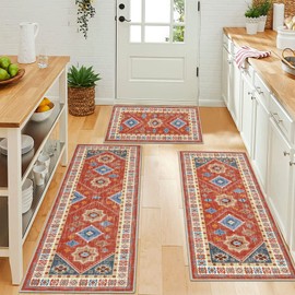 HEBE Boho Kitchen Rug Sets 3 Piece with Runner Non Slip Kitchen Rugs and Mats Washable Kitchen Mats for Floor Thick Kitchen Floor Mat Carpet Runner Rugs for Hallway Laundry Holiday Decor
