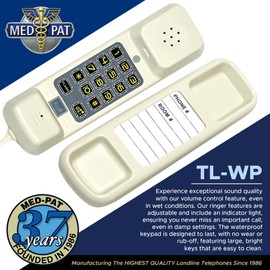 Med-Pat TL-WP - Trimline Corded Home Phone with Ring/in-Use Light Indicator, Waterproof Oversized Keypads, Durable Landline Telephone, Ideal for Office and Business Environment - Cream
