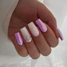 Yivaiks 24Pcs Long Press on Nails Glitter Pink&White Fake Nails Coffin Press on Nails Square False Nails with Diamond Designs Long Nail Press ons Artificial Nails Stick on Nails For Women Girls